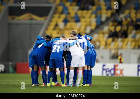 I giocatori DI KAA Gent hanno mostrato all'inizio della partita tra la squadra Ucraina FC Olexandriya e la squadra di calcio belga KAA Gent, giovedì 03 ottobre 2019 a Lviv, Ucraina, il secondo giorno della fase di gruppo della UEFA Europa League, nel gruppo I. FOTO DI BELGA JASPER JACOBS Foto Stock