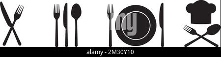Posate e cartelli per ristoranti su sfondo bianco Illustrazione Vettoriale