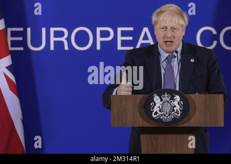 Il primo ministro britannico Boris Johnson tiene una conferenza stampa durante il primo giorno del vertice UE, giovedì 17 ottobre 2019, presso la sede dell'Unione europea a Bruxelles. FOTO DI BELGA THIERRY ROGE Foto Stock