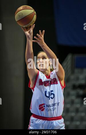 VOO Liege Panthers Jaleesa MAES (45) raffigurato in azione durante una partita di basket tra VOO Liege Panthers e BCF Elfi Friburgo, sul gameday 2, gruppo J delle donne Eurocup, Mercoledì 23 ottobre 2019, Liege, Country Hall du Sart Tilman. FOTO BERNARD GILLET Foto Stock