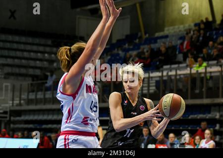 Il Basket Carolo Flammes Nadia COLHADO (11) e le Pantere Liegi VOO Jaleesa MAES (45) combattono per la palla durante una partita di basket tra le Pantere Liegi VOO e il Basket Carolo Flammes, sul gameday 4, gruppo J delle Donne Eurocup, mercoledì 6 novembre 2019, Liege, Country Hall du Sart Tilman. FOTO BERNARD GILLET Foto Stock