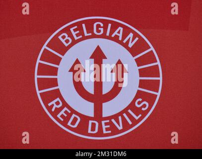 Logo Belgian Red Devils raffigurato durante una conferenza stampa della nazionale belga di calcio Red Devils per annunciare la selezione per i prossimi giochi, venerdì 08 novembre 2019 a Tubize. La squadra giocherà due partite di qualificazione della Coppa europea 2020 contro Russia e Cipro. FOTO DI BELGA ERIC LALMAND Foto Stock