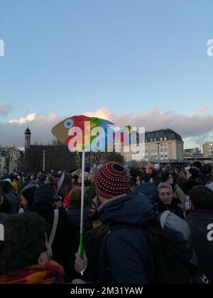 L'immagine mostra una dimostrazione del movimento sardino di sinistra, sabato 14 dicembre 2019 a Bruxelles. Il movimento Sardine è stato lanciato in Italia come protesta contro il partito della Lega anti-immigrazione guidato da Salvini. FOTO DI BELGA ANTONY GEVAERT Foto Stock