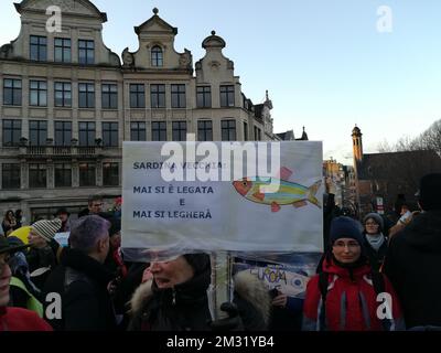 L'immagine mostra una dimostrazione del movimento sardino di sinistra, sabato 14 dicembre 2019 a Bruxelles. Il movimento Sardine è stato lanciato in Italia come protesta contro il partito della Lega anti-immigrazione guidato da Salvini. FOTO DI BELGA ANTONY GEVAERT Foto Stock