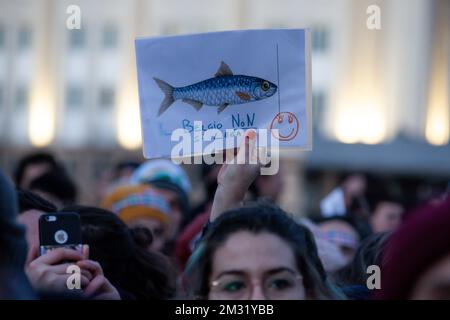 L'immagine mostra una dimostrazione del movimento sardino di sinistra, sabato 14 dicembre 2019 a Bruxelles. Il movimento Sardine è stato lanciato in Italia come protesta contro il partito della Lega anti-immigrazione guidato da Salvini. FOTO DI BELGA NICOLAS MAETERLINCK Foto Stock