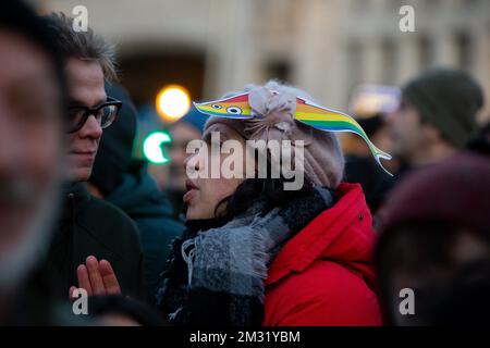 L'immagine mostra una dimostrazione del movimento sardino di sinistra, sabato 14 dicembre 2019 a Bruxelles. Il movimento Sardine è stato lanciato in Italia come protesta contro il partito della Lega anti-immigrazione guidato da Salvini. FOTO DI BELGA NICOLAS MAETERLINCK Foto Stock