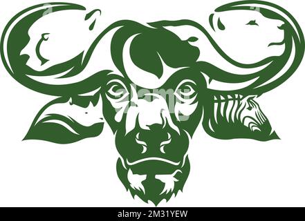 Water Buffalo Head Design con molti animali inclusi Illustrazione Vettoriale