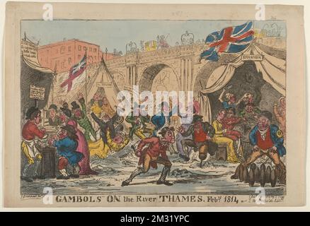 Giochi sul fiume Tamigi Feby. 1814 , fiumi, ghiaccio, ponti, intrattenimento. George Cruikshank (1792-1878). Stampe e disegni Foto Stock