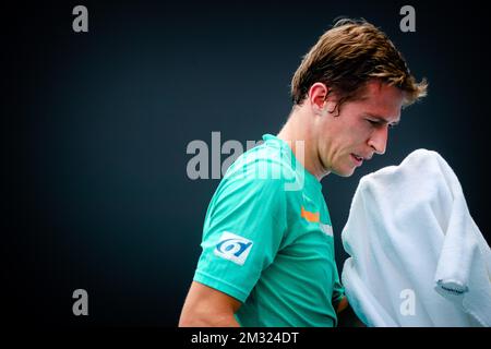 Il belga Kimmer Coppejans reagisce durante il primo turno delle Qualifiche maschili tra il belga Kimmer Coppejans (ATP 158) e l'italiano Federico Gaio (ATP 150) al tennis 'Australian Open' Grand Slam, mercoledì 15 gennaio 2020 a Melbourne Park, Melbourne, Australia. FOTO DI BELGA PATRICK HAMILTON Foto Stock