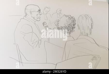 Questo disegno di Igor preys mostra i consulenti tecnici durante una sessione del processo di assise di tre medici dinanzi alla Corte delle Assizioni delle Fiandre Orientali, a Gent, giovedì 23 gennaio 2020. I medici non sono riusciti a rispettare le condizioni di eutanasia e sono accusati di avvelenare una donna di 38 anni a Sint-Niklaas nel 2010. BELGA FOTO IGOR PREDA Foto Stock