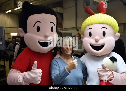 Chris Vandersteen, figlia di Willy Vandersteen e Suske en Wiske nella foto durante il bpost presenta nuovi francobolli per il 75th° anniversario di Suske en Wiske (Bob et Bobette) famosi fumetti belgi, alla francobollo di Mechelen, venerdì 24 gennaio 2020. FOTO DI BELGA ERIC LALMAND Foto Stock