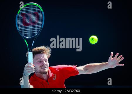 Il belga David Goffin (ATP 11) ha mostrato in azione durante una partita di tennis contro il russo Andrey Rublev (ATP 16) nel terzo round della competizione maschile di single al Grand Slam di tennis 'Australian Open', sabato 25 gennaio 2020 a Melbourne Park, Melbourne, Australia. Foto Stock