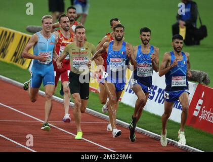 BEBENDORF Karl di Germania , RAITANEN Topi di Finlandia , ABDELWAHED Ahmed , ZOGHLAMI Osama , ZOGHLAMI Ala di Italia 3000M STEEPLECHASE FINALE maschile durante i Campionati europei di atletica 2022 il 18 agosto 2022 a Monaco di Baviera, Germania - Foto Laurent Lairys / DPPI Foto Stock