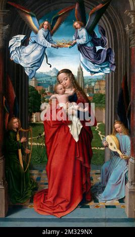 Vergine e Bambino con quattro Angeli di Gerard David (ca.1460-1523), olio su legno, ca.1510-15. Gerard David era un primo artista olandese e la sua opera è classificata come primitiva fiamminga. Foto Stock