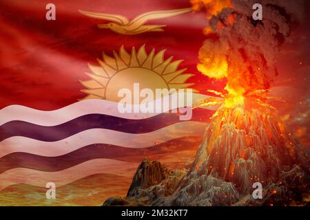 Grande eruzione del vulcano di notte con esplosione sullo sfondo bandiera Kiribati, problemi a causa di eruzione e cenere vulcanica concetto - 3D illustrazione di n Foto Stock