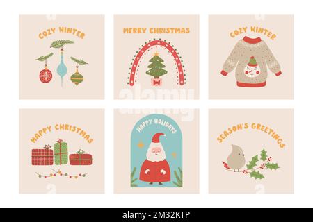 Raccolta di auguri di Natale con uccello, alberi di Natale, regali e vettore Babbo Natale Editable Illustrazione Vettoriale