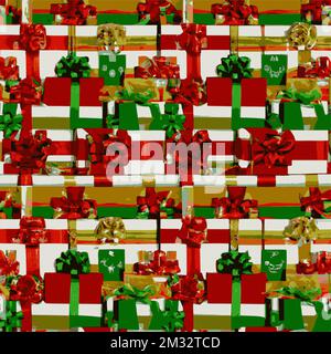 Pacchetti regalo per le feste, avvolti con nastri e archi. Sfondo con scatole regalo colorate decorate. Illustrazione Vettoriale