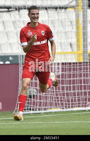 Pieter Gerkens di Anversa festeggia dopo aver segnato la partita della Jupiler Pro League tra Cercle Brugge e il Royal Antwerp FC, a Brugge, domenica 16 agosto 2020, il giorno 02 del campionato di calcio belga. FOTO DI BELGA JOHAN EYCKENS Foto Stock