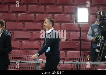 Il capo allenatore danese Kasper Hjulmand ha mostrato davanti a una partita tra la nazionale danese di calcio e i Red Devils belgi, sabato 05 settembre 2020, allo stadio Parken di Copenaghen, in Danimarca, la prima partita della UEFA Nations League. BELGA FOTO LISELOTTE SABROE SOLO BELGIO Foto Stock