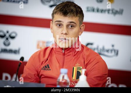 Il Trossard di Leandro in Belgio è stato raffigurato alla conferenza stampa dopo una partita tra la nazionale danese di calcio e i Red Devils belgi, sabato 05 settembre 2020, allo stadio Parken di Copenaghen, in Danimarca, il primo gioco della UEFA Nations League. FOTO DI BELGA MADS CLAUS RASMUSSEN Foto Stock