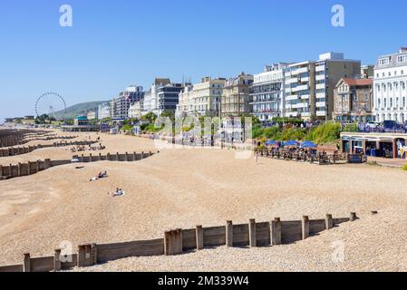 Eastbourne East Sussex Eastbourne spiaggia di ciottoli con groynes di legno e passeggiata con i grandi hotel Eastbourne East Sussex Inghilterra Regno Unito GB Europa Foto Stock