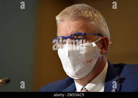 L'Amministratore Delegato DI FEB-VBO Pieter Timmermans ha illustrato durante una conferenza stampa della VBO-FEB (Federazione delle imprese in Belgio - Verbond van Belgische Ondernemingen - Federation des Entreprises de Belgique) sull'impatto della crisi del Covid-19, a Bruxelles, mercoledì 09 settembre 2020. FOTO DI BELGA ERIC LALMAND Foto Stock