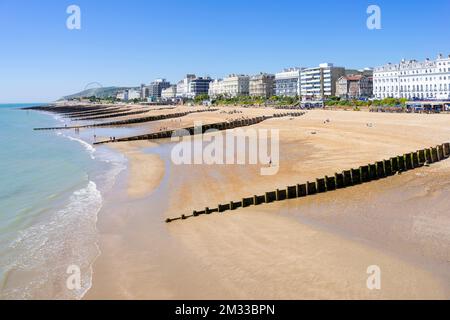 Eastbourne East Sussex Eastbourne spiaggia di ciottoli con groynes di legno e passeggiata con i grandi hotel Eastbourne East Sussex Inghilterra Regno Unito GB Europa Foto Stock