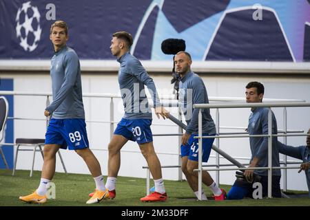 I giocatori di Kyiv hanno mostrato in azione durante un allenamento del club ucraino Dynamo Kyiv, martedì 22 settembre 2020, a Gent. Domani Kiev incontrerà la squadra di calcio belga KAA Gent nei play-off della UEFA Champions League. FOTO DI BELGA JASPER JACOBS Foto Stock