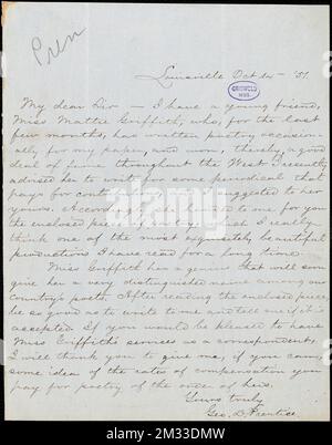 George Dennison Prentice, Louisville, KY., autograph letter signed to [R. W. Griswold?], 14 October 1851 , American literature, 19th century, History and criticism, Authors, American, 19th century, Correspondence, Authors and publishers, Poets, American, 19th century, Correspondence, Browne, Martha Griffith, 1828-1906. Rufus W. Griswold Papers Stock Photo