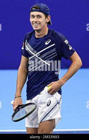 L'australiano Alex de Minaur festeggia durante una partita di gruppo tra l'australiano Alex De Minaur e il britannico Dan Evans alla terza edizione dell'evento UTS Ultimate Tennis Showdown con sei giocatori ATP, ad Anversa, venerdì 16 ottobre 2020. FOTO DI BELGA LAURIE DIEFFEMBACQ Foto Stock