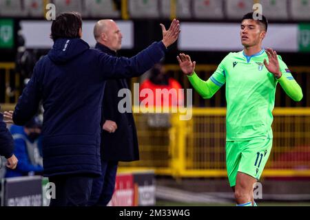 Il laziale Joaquin Correa festeggia dopo aver segnato la seconda partita di gruppo della UEFA Champions League, nel gruppo F, tra la squadra di calcio belga Club Brugge e la squadra italiana SS Lazio Roma, mercoledì 28 ottobre 2020 a Brugge. BELGA FOTO KURT DESPLENTER Foto Stock