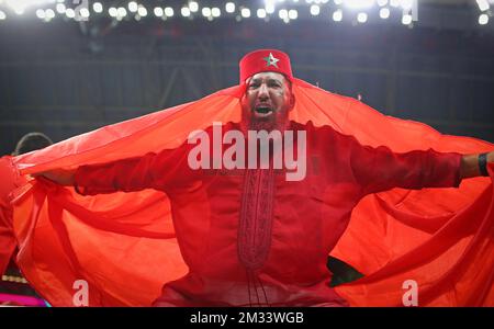 AL KHOR, QATAR - 14 DICEMBRE: Coppa del mondo FIFA Qatar 2022 incontro semifinale tra Francia e Marocco allo Stadio al Bayt il 14 dicembre 2022 ad al Khor, Qatar. Katar Frankreich - Marokko Marocco tifosi Fussball WM 2022 in Qatar FIFA World Cup 2022 © diebilderwelt / Alamy Live News Foto Stock