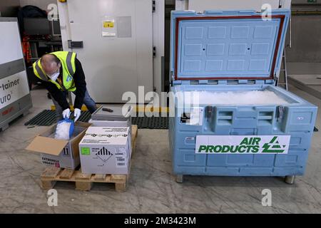 L'immagine mostra i lavoratori in azione presso l'hub DHL dell'aeroporto di Bruxelles, martedì 01 dicembre 2020 a Zaventem. L'aeroporto di Bruxelles e il partner della comunità Air Cargo Belgium hanno istituito la task force BRUcure per la logistica relativa al trasporto del vaccino Covid-19. FOTO DI BELGA DIRK WAEM Foto Stock