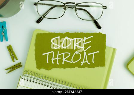 Segno di scrittura a mano dolente Throat. L'infiammazione del concetto del Internet della faringe e delle fauce è stata causata da un'irritazione Foto Stock