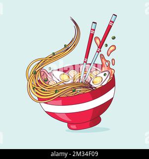 Miso ramen noodle with chopsticks isolated cartoon vector Illustrazione Vettoriale