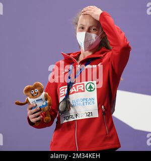 Il belga Noor Vidts ha mostrato sul podio dopo il Pentathlon ai Campionati europei di Atletica Indoor, a Torun, Polonia, venerdì 05 marzo 2021. I campionati si svolgono dal 4 al 7 marzo. FOTO DI BELGA JASPER JACOBS Foto Stock