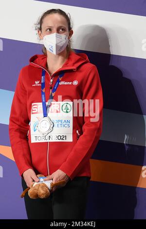 Il belga Noor Vidts ha mostrato sul podio dopo il Pentathlon ai Campionati europei di Atletica Indoor, a Torun, Polonia, venerdì 05 marzo 2021. I campionati si svolgono dal 4 al 7 marzo. FOTO DI BELGA JASPER JACOBS Foto Stock