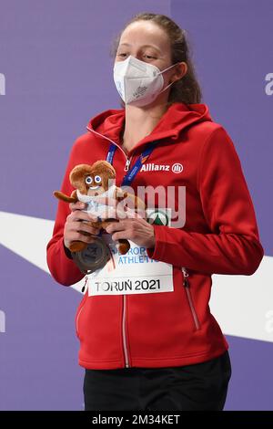 Il belga Noor Vidts ha mostrato sul podio dopo il Pentathlon ai Campionati europei di Atletica Indoor, a Torun, Polonia, venerdì 05 marzo 2021. I campionati si svolgono dal 4 al 7 marzo. FOTO DI BELGA JASPER JACOBS Foto Stock