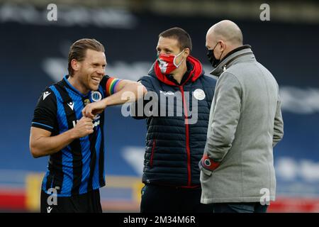 Ruud Vormer del Club, l'assistente allenatore di Essevee Timmy Simons e il capo allenatore del Club Brugge Philippe Clement nella foto dopo una partita di calcio tra il Club Brugge KV e SV Zulte Waregem, domenica 07 marzo 2021 a Brugge, il 29° giorno della prima divisione del campionato belga della 'Jupiler Pro League'. FOTO DI BELGA BRUNO FAHY Foto Stock