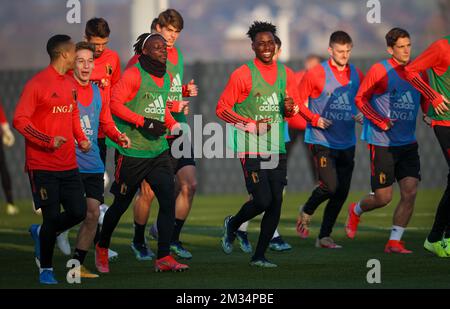 Youri Tielemans in Belgio, Yari Verschaeren in Belgio, Jeremy Doku in Belgio e Albert Sambi Lonkonga in Belgio, nella foto di una sessione di allenamento della nazionale belga Red Devils, martedì 23 marzo 2021 a Tubize, in vista della partita di qualificazione della Coppa del mondo 2022 contro il Galles. BELGA PHOTO VIRGINIE LEFOUR Foto Stock