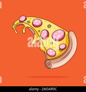Vector illustration. Pizza slice with melted cheese and pepperoni. Cartoon sticker in comic style with contour. Decoration for greeting cards, posters Illustrazione Vettoriale