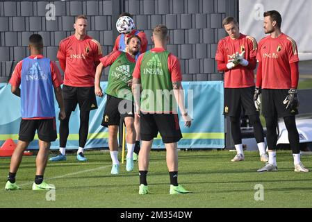 Il portiere belga Youri Tielemans, il portiere belga Matz Sels, il portiere belga Dries Mertens, il belga Toby Alderweireld, il portiere belga Thomas Kaminski e il portiere belga Simon Mignolet hanno illustrato in azione durante una sessione di allenamento della squadra nazionale belga di calcio Red Devils, a Tubize, mercoledì 02 giugno 2021. Il team si sta preparando per il prossimo Campionato europeo Euro 2020. FOTO DI BELGA DIRK WAEM Foto Stock