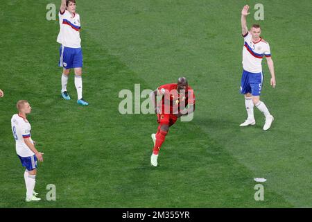Romelu Lukaku in Belgio festeggia dopo aver segnato la partita di calcio tra la Russia e i Red Devils in Belgio, la prima partita nella fase di gruppo (gruppo B) del Campionato europeo di calcio UEFA 2020, sabato 12 giugno 2021 a San Pietroburgo, Russia. FOTO DI BELGA BRUNO FAHY Foto Stock