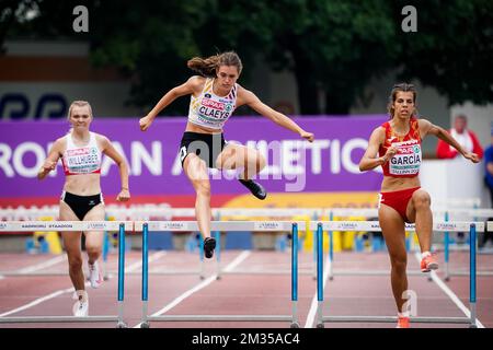 Il belga Eline Claeys ha raffigurato durante i 400m ostacoli femminili, al primo giorno dei Campionati europei di Atletica U23, giovedì 08 luglio 2021 a Tallinn, Estonia. I campionati europei si svolgono dal 8 al 11 luglio. BELGA FOTO COEN SCHILDERMAN Foto Stock
