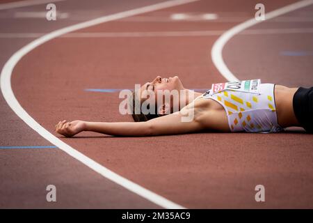 Il belga Eline Claeys ha raffigurato durante i 400m ostacoli femminili, al primo giorno dei Campionati europei di Atletica U23, giovedì 08 luglio 2021 a Tallinn, Estonia. I campionati europei si svolgono dal 8 al 11 luglio. BELGA FOTO COEN SCHILDERMAN Foto Stock
