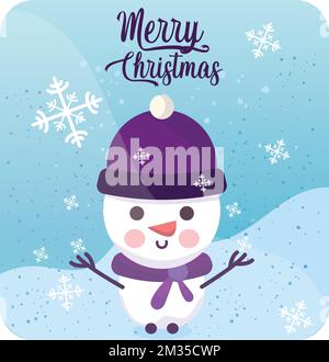 Buon pupazzo di neve con cappello e sciarpa buon biglietto di natale Vector Illustrazione Vettoriale