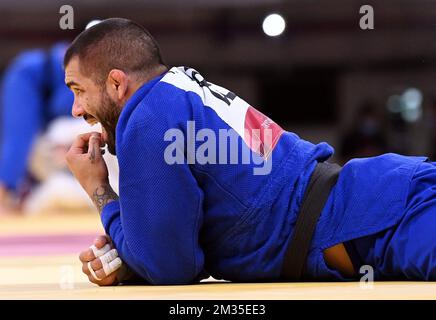 Il belga Toma Nikiforov reagisce durante il round del 16 nella lotta tra il belga Nikiforov e il Portogallo Jorge Fonseca nella categoria Under 100kg nella gara di judo del settimo giorno dei 'Giochi Olimpici di Tokyo 2020' a Tokyo, Giappone, giovedì 29 luglio 2021. Le Olimpiadi estive del 2020 rinviate si terranno dal 23 luglio al 8 agosto 2021. BELGA FOTO ROB WALBERS Foto Stock