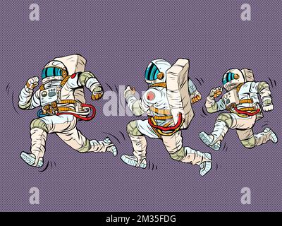 gli astronauti corrono, una corsa spaziale. Sport e uno stile di vita sano. Persone in spazi Illustrazione Vettoriale