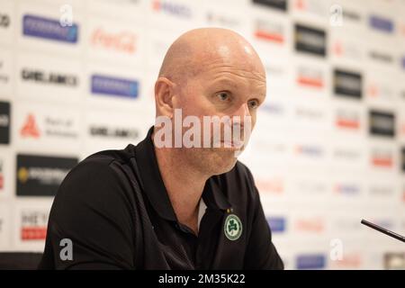 Henning Berg, capo allenatore di Omonoia, ha illustrato durante la conferenza stampa del club cipriota Omonia Nicosia, ad Anversa, mercoledì 25 agosto 2021. giovedì nicosia giocherà nella parte di ritorno del play-off per il concorso Europa League contro la squadra di calcio belga Royal Antwerp FC. FOTO DI BELGA JAMES ARTHUR GEKIERE Foto Stock