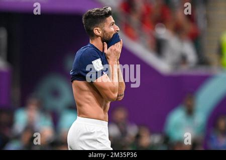 AL KHOR, QATAR - 14 DICEMBRE: Olivier Giroud di Francia reagisce durante la semifinale - Coppa del mondo FIFA Qatar 2022 partita tra Francia e Marocco allo Stadio al Bayt il 14 dicembre 2022 ad al Khor, Qatar (Foto di Pablo Morano/BSR Agency) Credit: BSR Agency/Alamy Live News Foto Stock